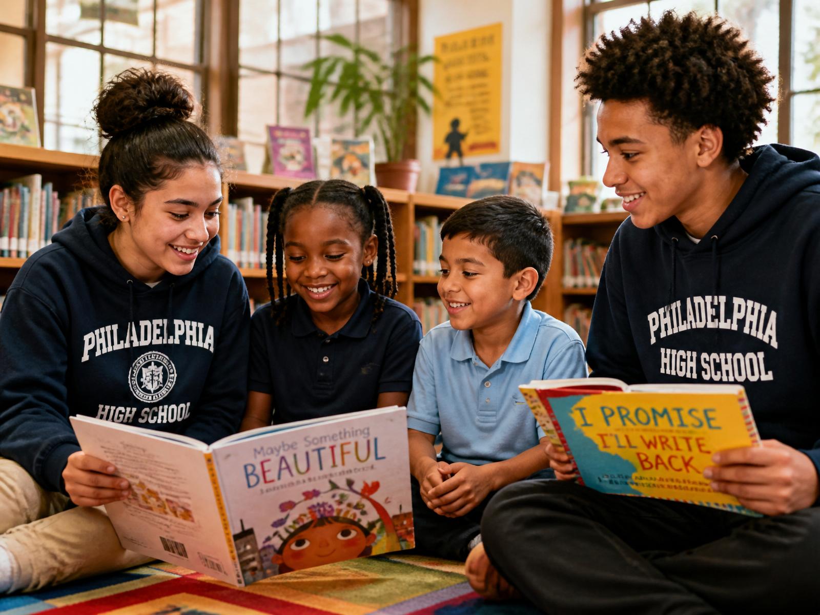 High school mentors reading books with elementary students in a Philadelphia school library